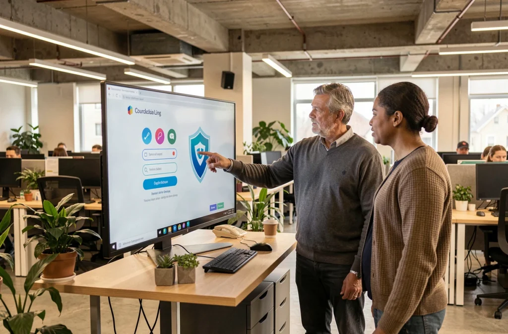 Une équipe de collègues en formation sur l'authentification multifacteur autour d'un écran dans un bureau de startup technologique