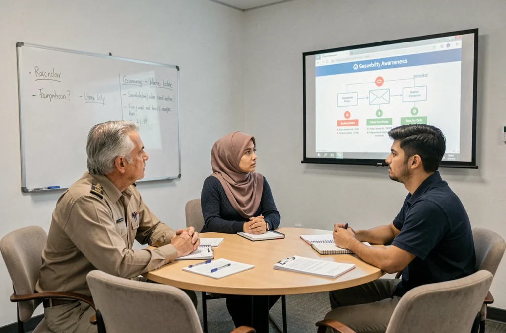 Des agents de collectivités locales participant à une formation sur la sécurité des emails autour d'une table de réunion