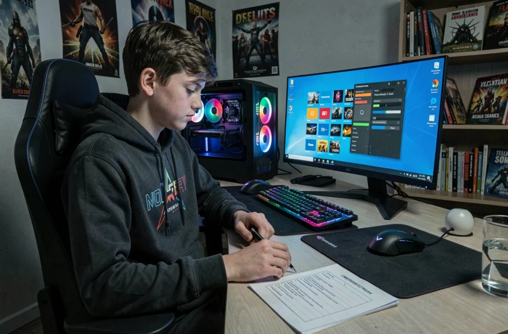 Adolescent gamer comparant les exigences de Windows 10 et Windows 11 dans sa chambre avec un PC de bureau