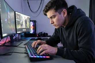 Jeune gamer tapant rapidement sur un clavier mécanique lors d'une session de jeu intense