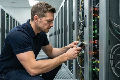 Technicien informatique gérant les câbles d'une salle serveur d'entreprise