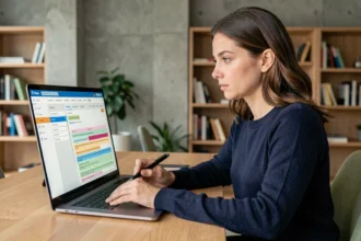 Professionnelle consultant l'historique des versions d'un document collaboratif sur un laptop dans un bureau moderne