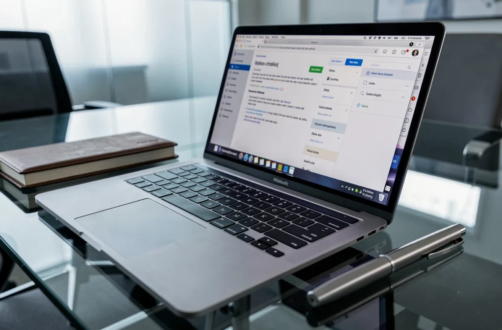 Gros plan d'un ordinateur portable professionnel haut de gamme ouvert sur une table de réunion en verre avec carnet et stylo