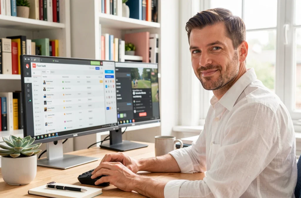 Homme souriant dans un bureau lumineux à domicile avec deux moniteurs affichant la liste et les filtres de serveurs FiveM sur le site cfx