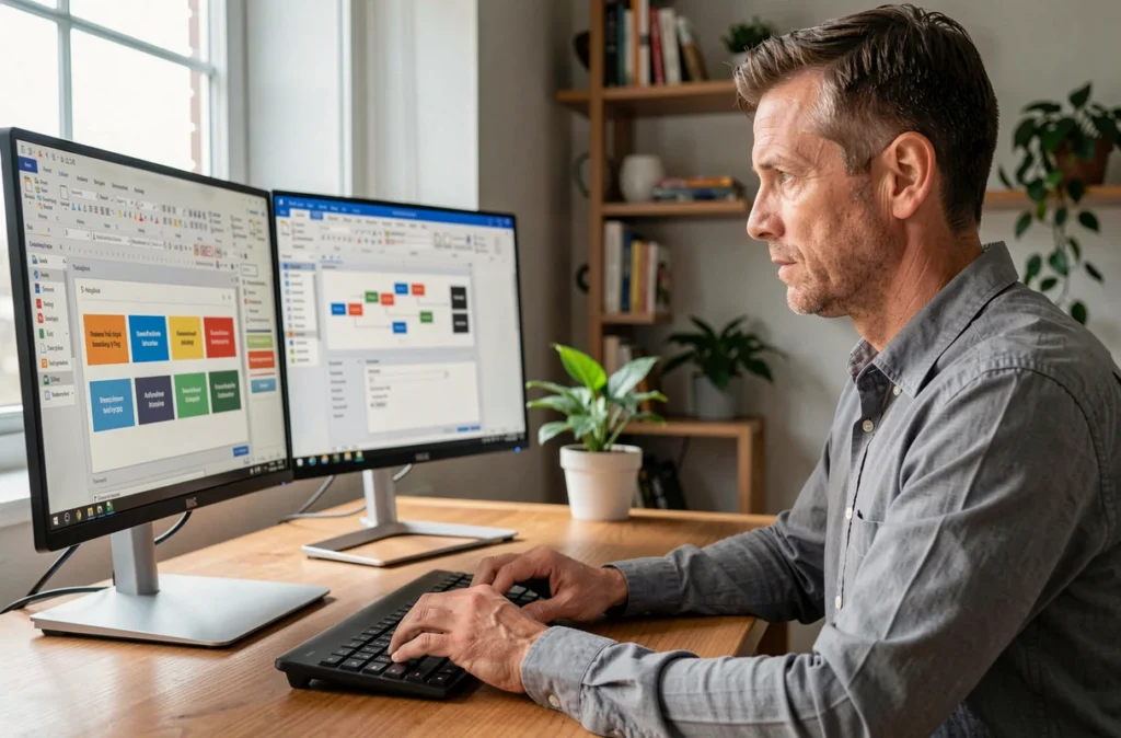 Homme concentré travaillant sur les fonctions avancées de PowerPoint sur double écran en home office