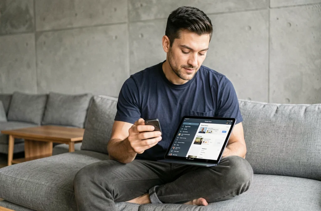 Homme organisant ses playlists sur un lecteur MP3 et une tablette dans un salon moderne