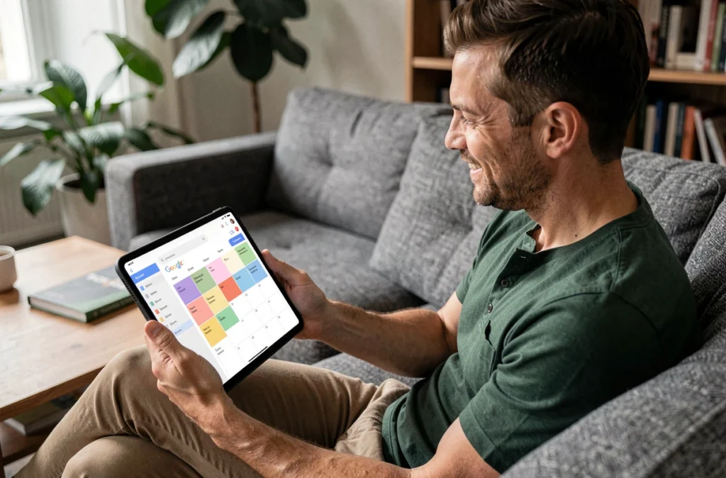 Homme personnalisant un agenda partagé Google Agenda sur une tablette dans un salon contemporain