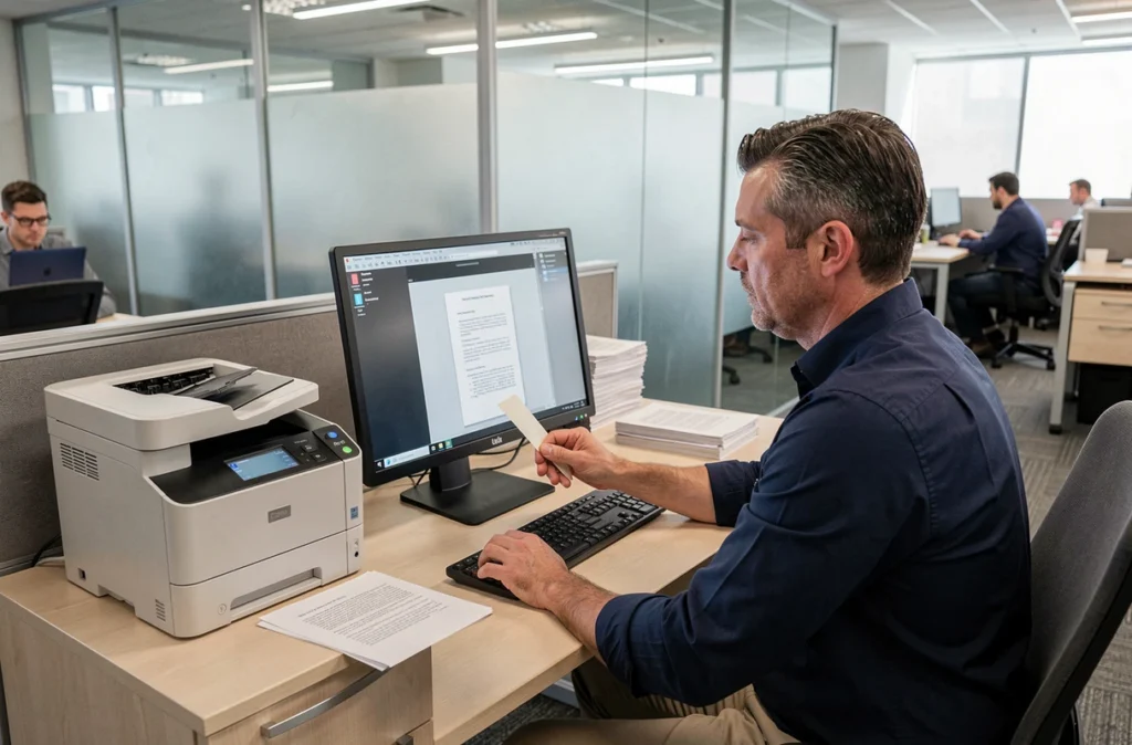 Homme professionnel vérifiant un document scanné sans câble sur ordinateur de bureau dans un open space d'entreprise