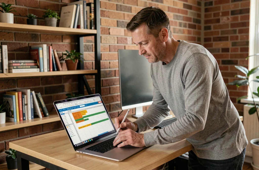 Homme en télétravail optimisant la mise en forme d'un tableau Excel sur un ordinateur portable