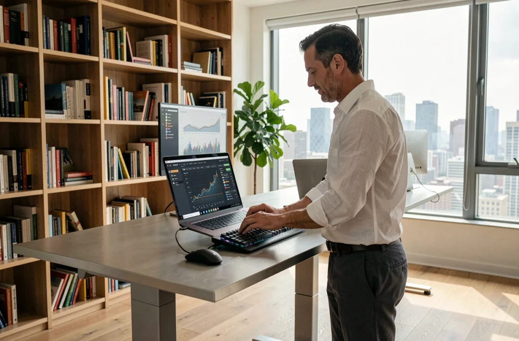 Homme en télétravail debout à son bureau réglable avec un ordinateur portable professionnel haut de gamme