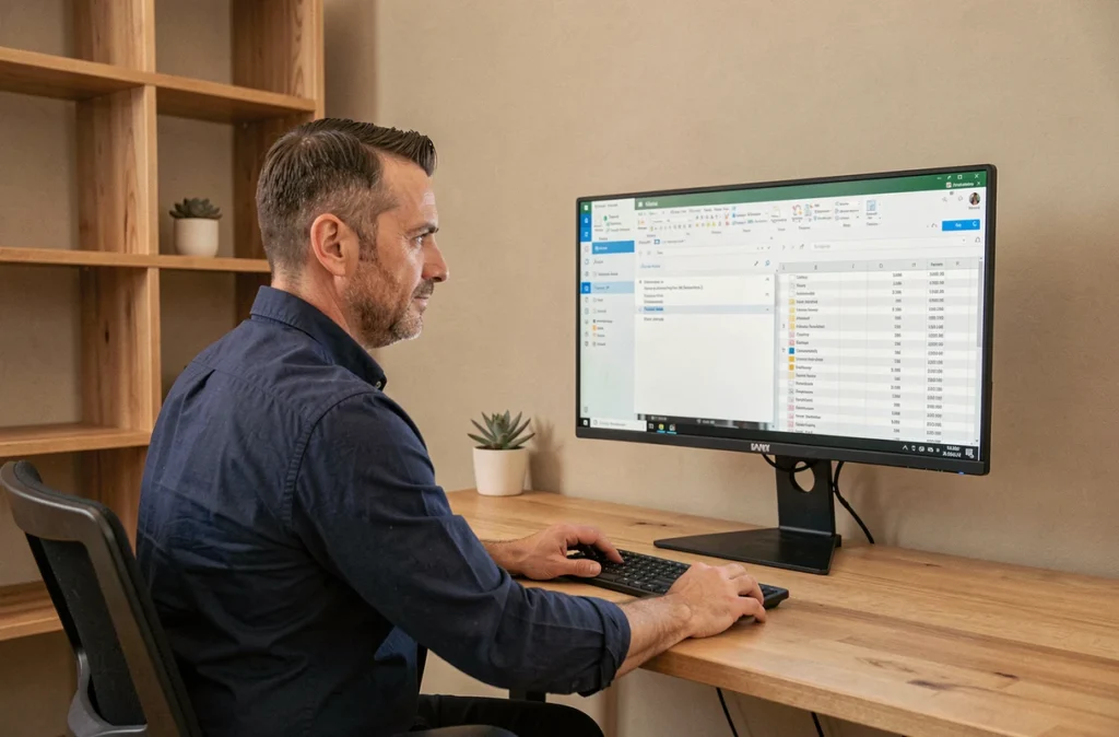 Homme en télétravail configurant un publipostage Outlook avec des données Excel pour automatiser des emails groupés