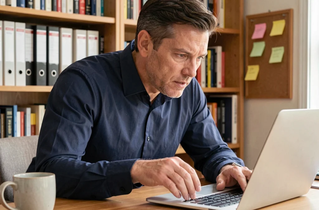 Homme en télétravail démontrant une combinaison de raccourcis clavier sur ordinateur portable dans un bureau à domicile