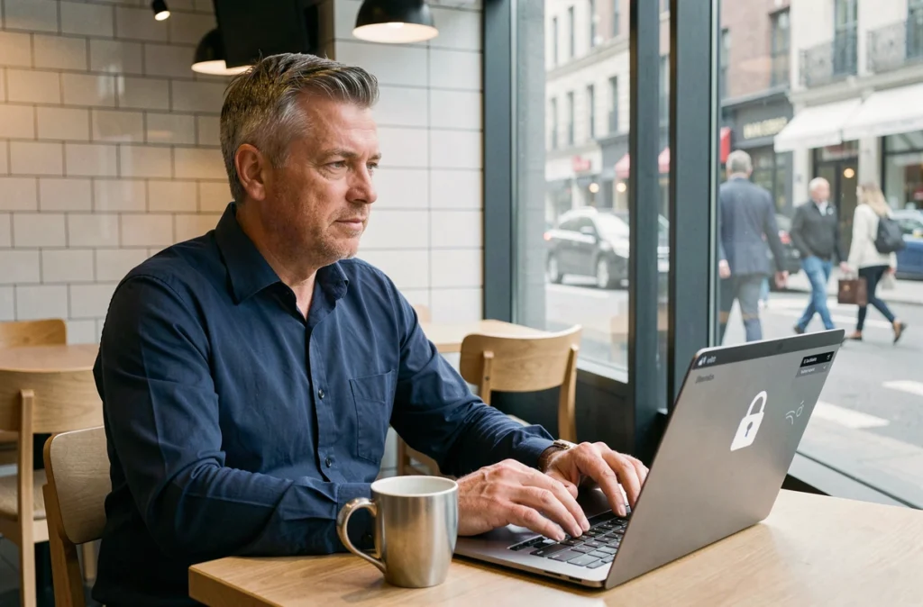 Homme en télétravail sécurisé via VPN dans un café urbain avec son ordinateur portable