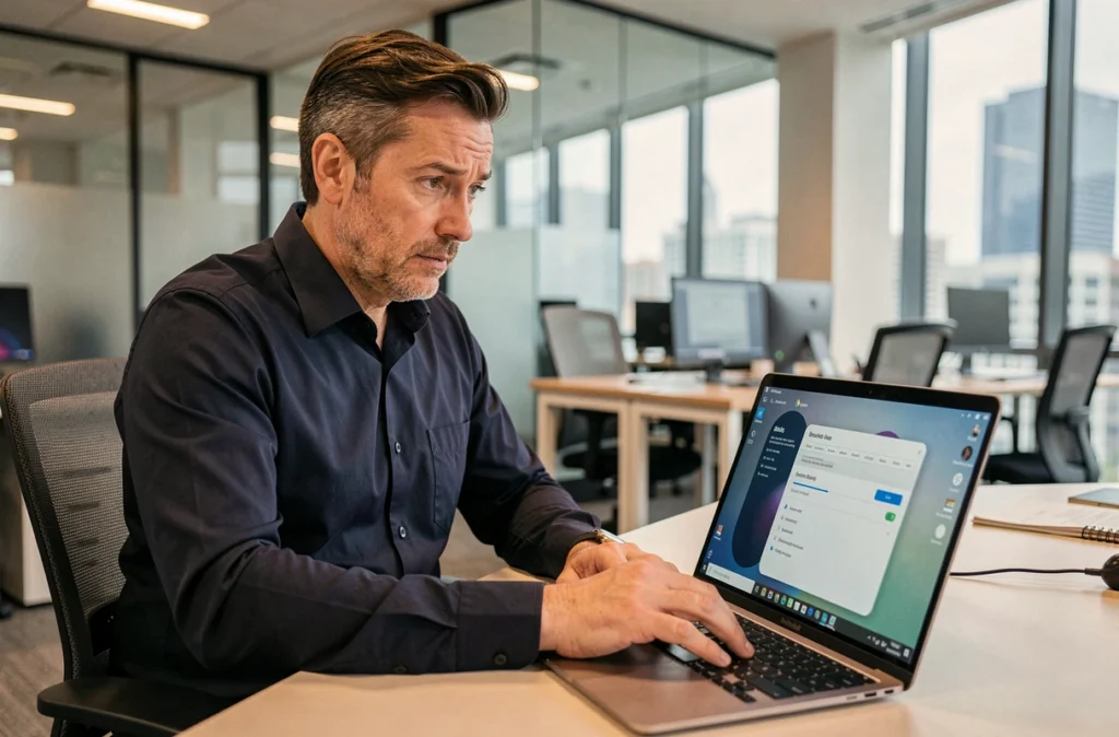 Homme en entreprise utilisant Windows 11 sur un ordinateur portable dans un bureau open space