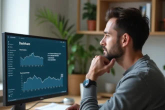 Un homme examine un tableau de bord antivirus Windows Defender sur son ordinateur de bureau à domicile