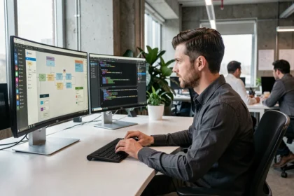 Ingénieur informaticien analysant des workflows automatisés sur plusieurs écrans dans un bureau moderne en open space