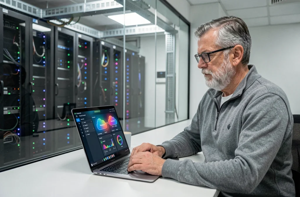Un ingénieur informatique gérant une infrastructure cloud hybride depuis un poste de travail devant une salle de serveurs