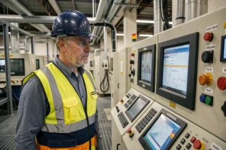 Ingénieur industriel face à un panneau de contrôle avec logiciel obsolète en environnement de fabrication