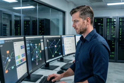Ingénieur informatique supervisant des infrastructures virtualisées sur plusieurs écrans dans une salle de contrôle de datacenter