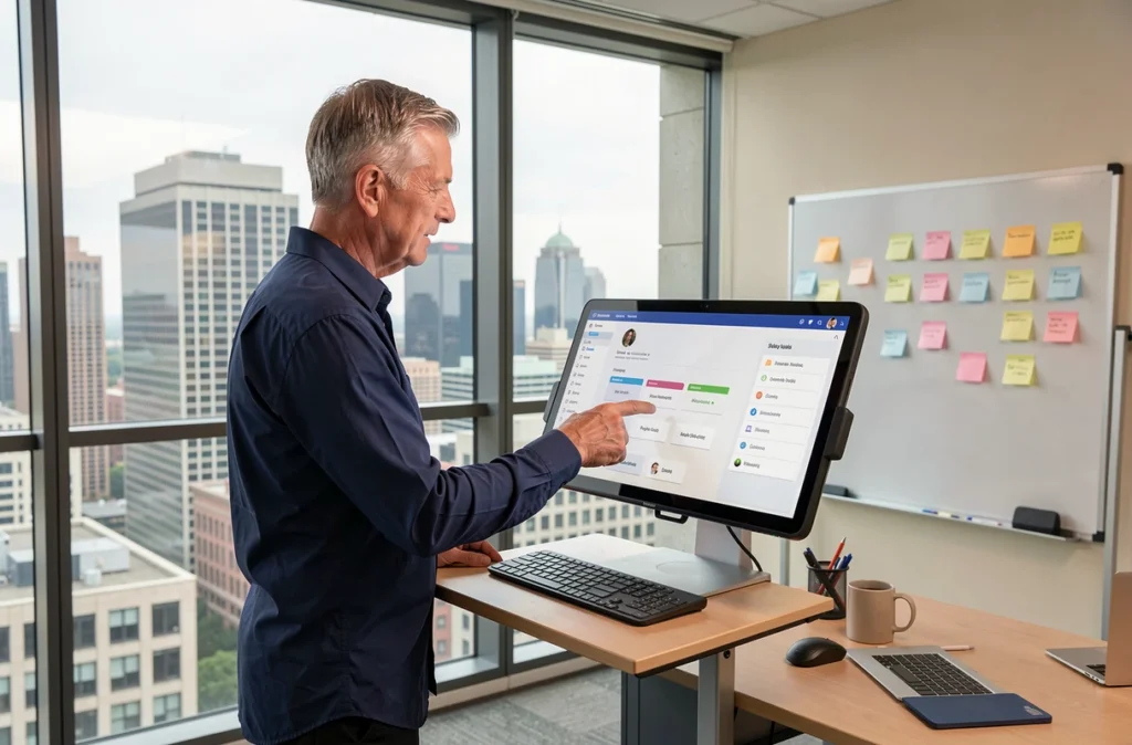 Manager en entreprise consultant un tableau de gestion de fichiers cloud sur tablette dans un bureau vitré avec vue sur la ville
