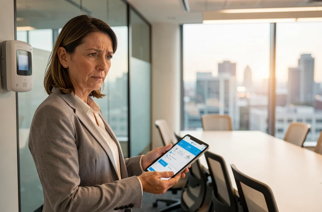 Manager en salle de réunion tenant une tablette affichant un système de contrôle domotique d'entreprise avec une caméra IP et un thermostat connecté en arrière-plan