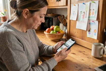 Mère de famille consultant l'application mobile ENT77 sur son smartphone dans une cuisine familiale