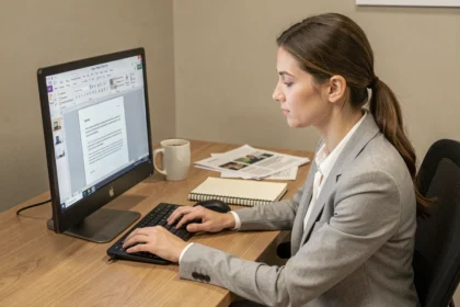 Femme professionnelle formatant un rapport Word sur un ordinateur de bureau dans un bureau moderne