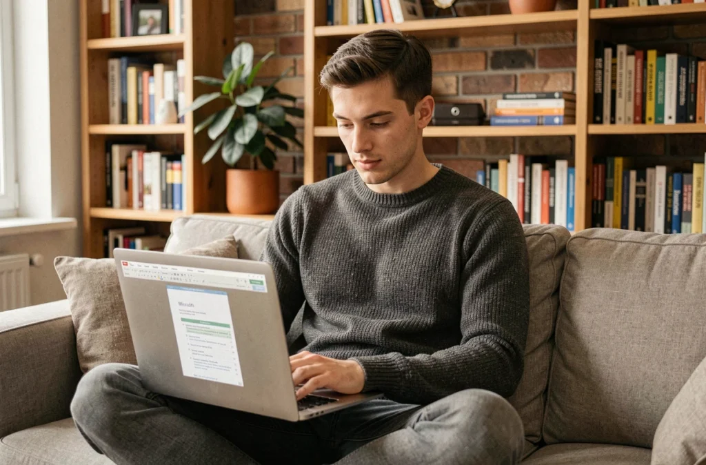 Jeune homme travaillant sur la mise en forme d'un rapport Word depuis son bureau à domicile