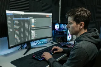 Jeune homme naviguant sur une liste de serveurs FiveM via une interface de type cfx sur un grand écran ultrawide dans une salle de gaming sombre