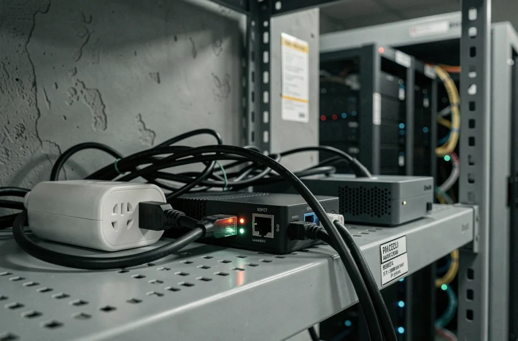 Gros plan sur un ensemble d'objets connectés professionnels incluant capteurs, routeur mesh et prise intelligente dans une salle serveur d'entreprise