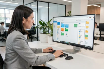Femme professionnelle organisant des dossiers cloud sur un grand écran dans un open space d'entreprise moderne