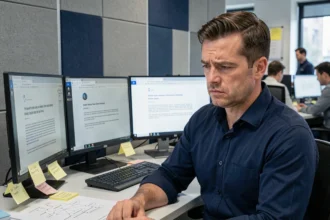 Professionnel informatique découvrant un email de phishing sur son poste de travail en open space, illustrant la menace de l'ingénierie sociale en entreprise