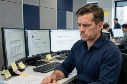 Professionnel informatique découvrant un email de phishing sur son poste de travail en open space, illustrant la menace de l'ingénierie sociale en entreprise