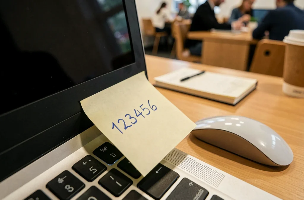 Post-it avec un mot de passe trop simple collé sur un écran d'ordinateur portable dans un espace de coworking