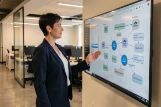 Une professionnelle en blazer marine présentant une architecture cloud hybride sur un écran numérique dans un bureau moderne