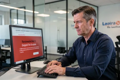 Responsable informatique d'une PME luxembourgeoise face à une alerte ransomware sur son écran de bureau