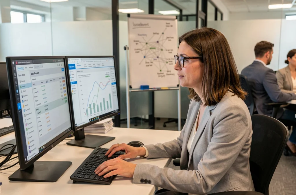 Responsable informatique analysant un tableau de bord de gestion de parc sur écran