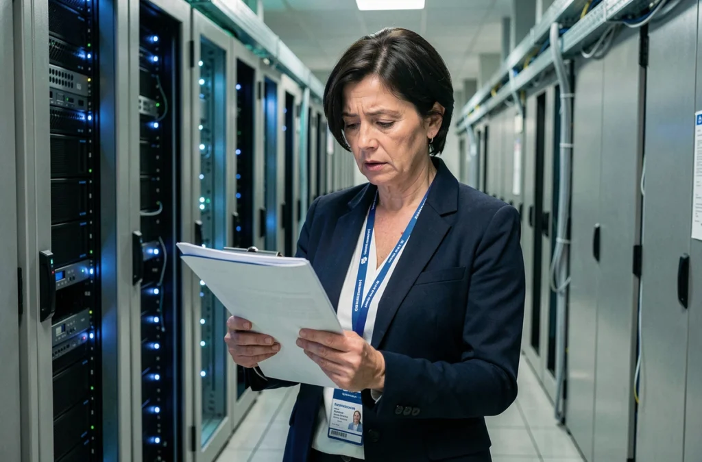 Responsable informatique préoccupée analysant un rapport de sécurité des mots de passe dans une salle de serveurs d'entreprise