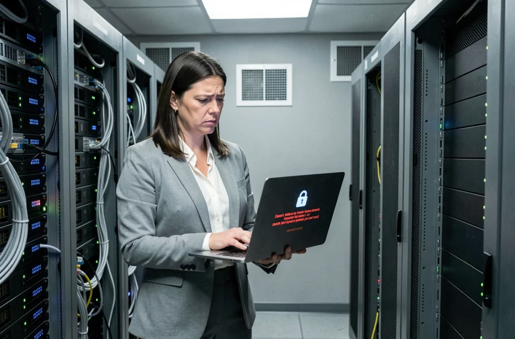 Responsable d'entreprise luxembourgeoise consultant son ordinateur portable dans une salle serveur touchée par un ransomware