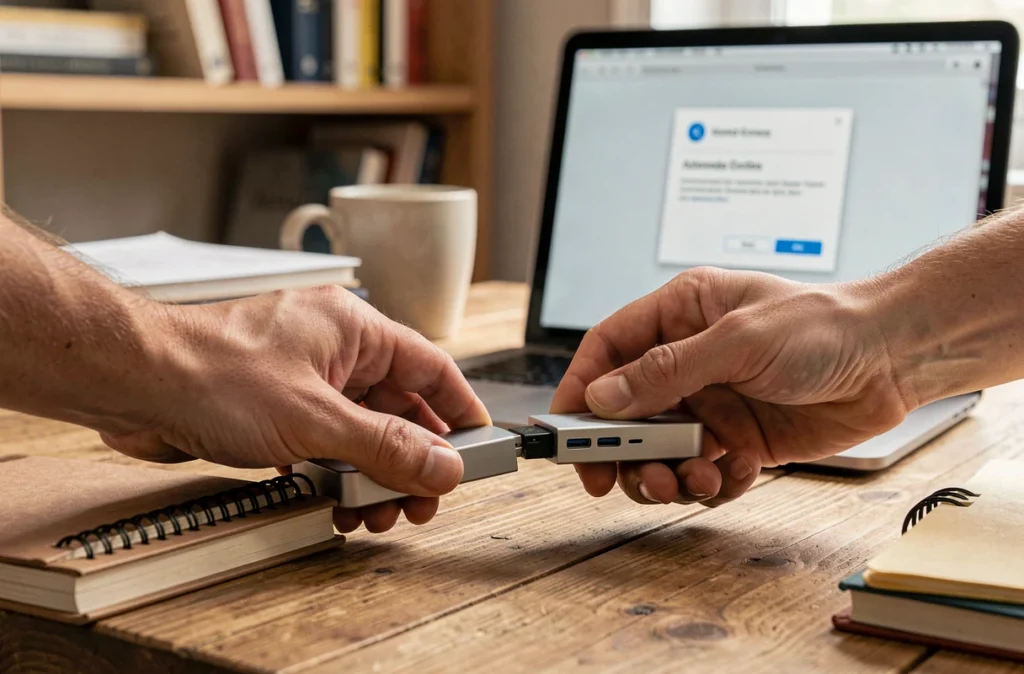 Gros plan de mains connectant un disque dur externe pour une sauvegarde automatisée dans un bureau à domicile