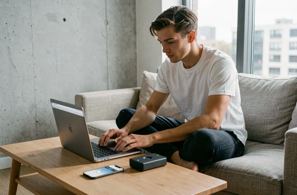 Jeune personne scannant un document sans fil avec un scanner portable connecté au réseau local depuis un canapé à domicile