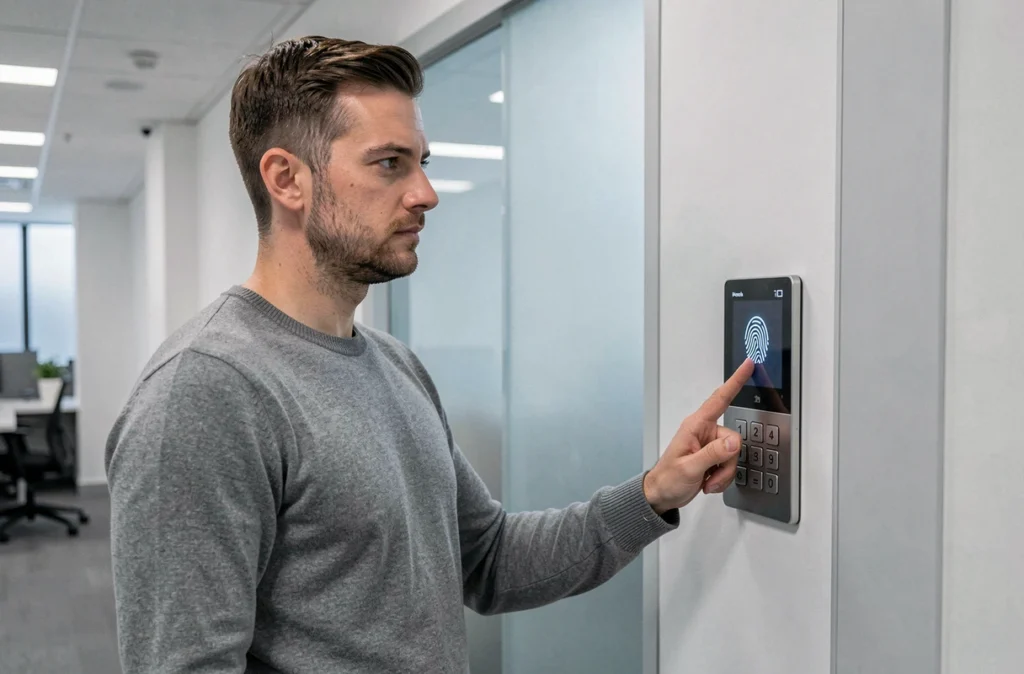 Un employé s'authentifiant par empreinte digitale sur un scanner biométrique à l'entrée d'une salle de réunion sécurisée