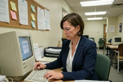 Une employée municipale scrutant un email suspect sur un ordinateur de bureau obsolète dans un petit bureau administratif local