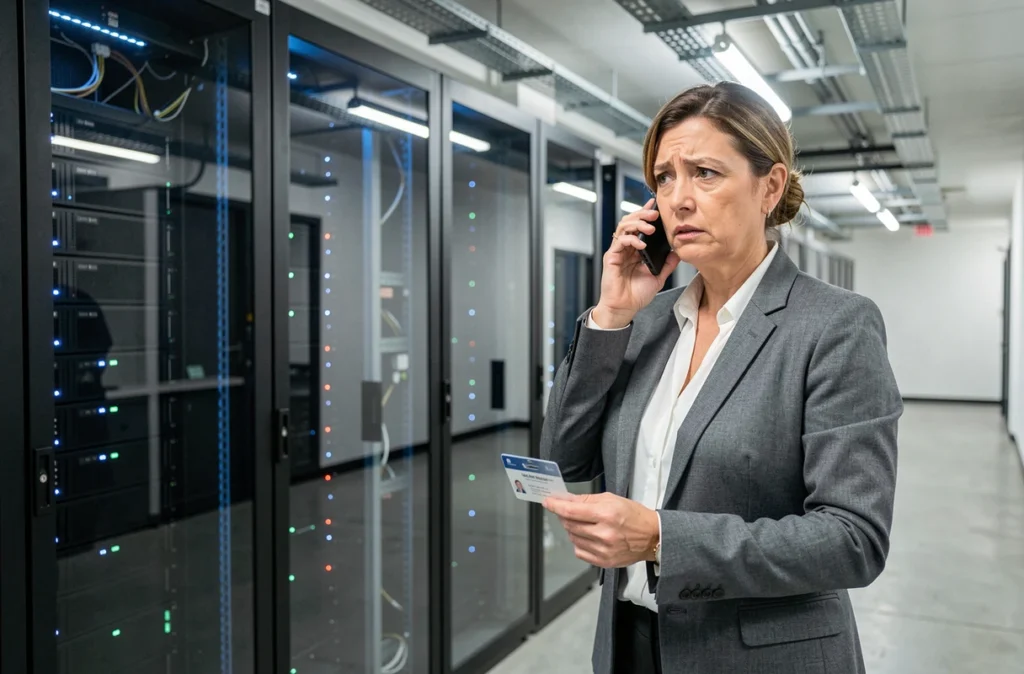 Responsable sécurité informatique dans un couloir de salle des serveurs, évoquant la vulnérabilité des infrastructures réseau face aux manipulations sociales