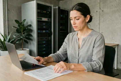 Professionnelle de l'informatique analysant des rapports de consommation énergétique numérique dans un bureau minimaliste éco-responsable