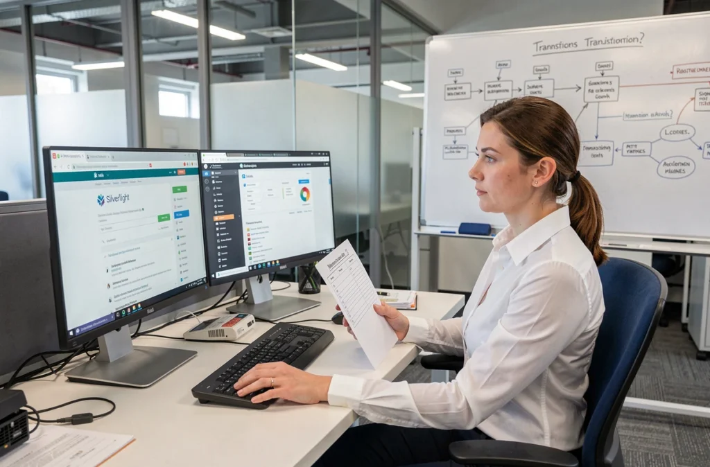 Spécialiste informatique comparant un logiciel Silverlight obsolète et une application moderne lors d'une migration industrielle
