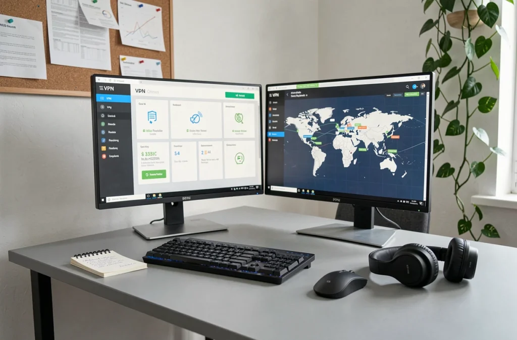 Station de travail à domicile avec interface VPN affichée sur deux écrans pour le télétravail sécurisé