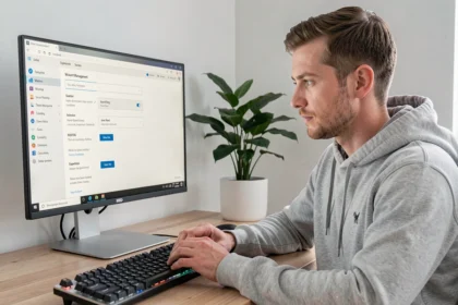 Homme gérant son compte Microsoft sur Windows 11 depuis un bureau à domicile