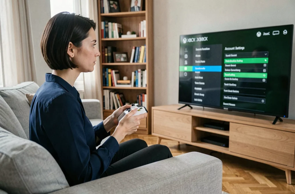 Femme consultant les paramètres de compte Xbox pour supprimer son profil Microsoft
