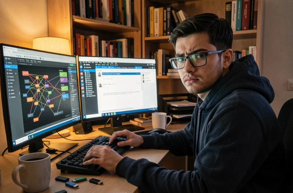 Technicien informatique travaillant tard à domicile face à une tentative de manipulation sociale via messagerie instantanée sur réseau privé